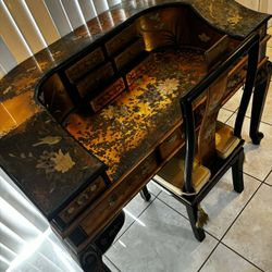 Antique Harpsichord Style Oriental Desk With Matching Chair