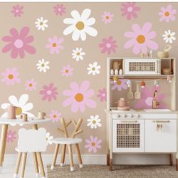 12-Sheet Pink Daisy Peel-and-Stick Wall Decals for Nursery & Bedroom Decor