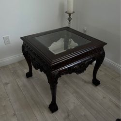 Michael Amini Carved Glass Top End Table – Luxury Ornate Traditional