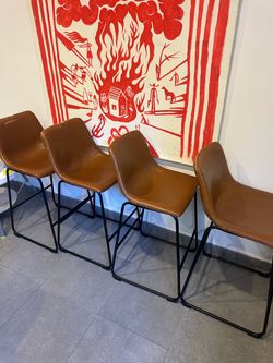 Set of 4 Brown faux Leather Bar Stools