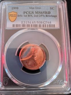 1999 Lincoln Cent Mint Error PCGS MS65RD