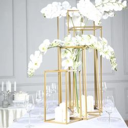 Assorted Sizes Matte Gold Rectangular Centerpiece Stands w/ Clear Acrylic Plexiglass Tops
