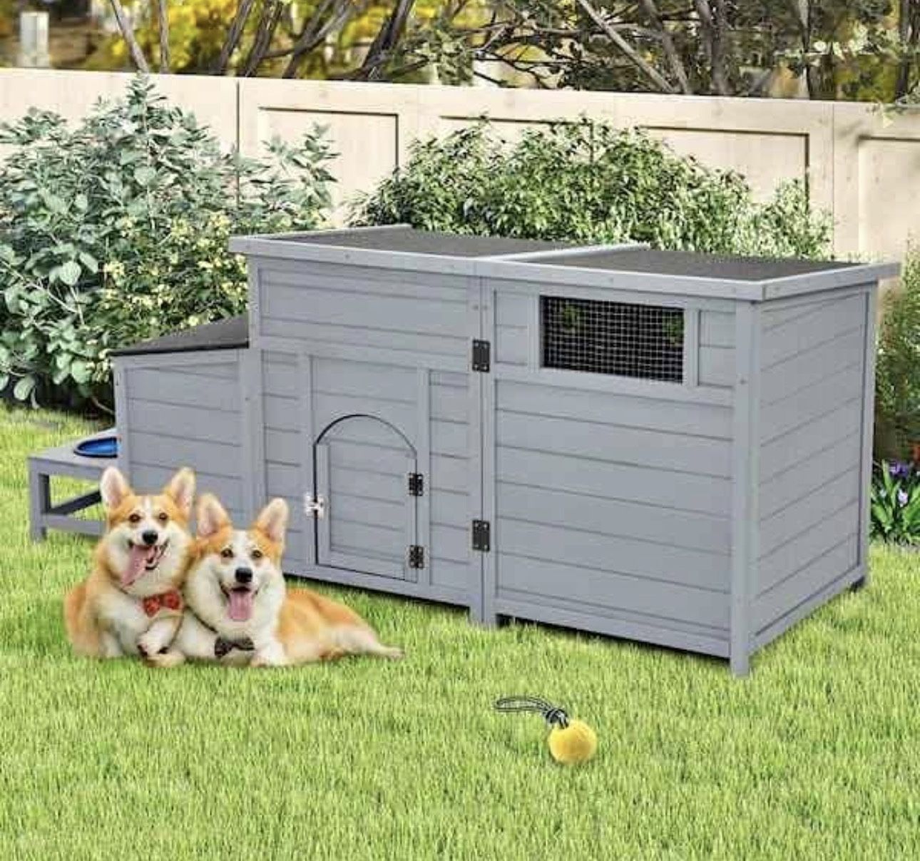 "Dog Kennel, 2-in-1 Outdoor Wood Dog House with Feeding Bowls, Large Gray NEW A2-9N Brand new in box  "