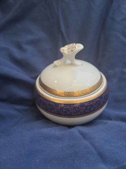Vintage Czech Porcelain Round Lidded Dresser Jar with Cobalt Blue & Gold Accents