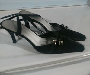 Black satin low heels.