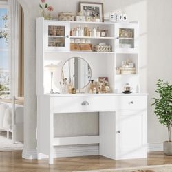 Computer Desk with Hutch and RGB Lights, 65" Office Desk with Power Outlet, Makeup Vanity with 3 Doors & 3 Drawers, White Executive Desks, Home, Work