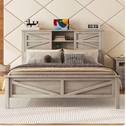 Brand new Brand new Farmhouse Platform Bed with Double Sliding Barn Door, Queen Size Rustic Wood Bed Frame