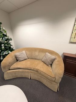 RESTORATION HARDWARE  Curved Tan Velvet Sofa with Throw Pillows