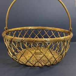 Vintage Woven Bottom Solid Brass Basket W/handle