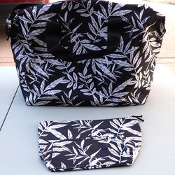 Black and White Leaf Pattern Tote Bag and Cosmetic Case