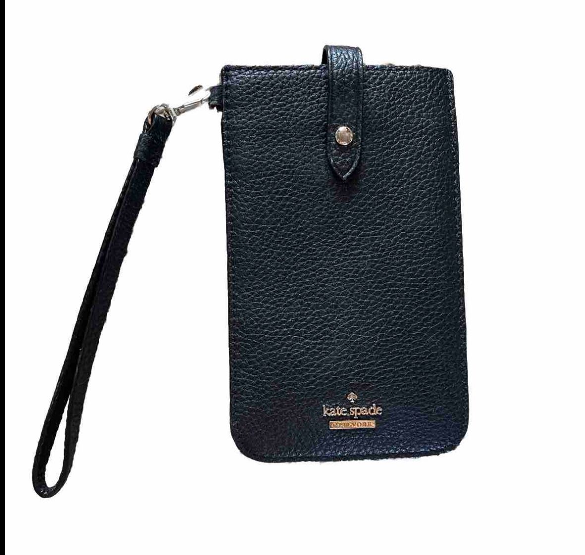Kate Spade Black Pebbled Leather Card Case Wristlet Fits iPhone Plus  