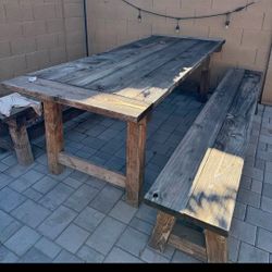 Wooden table and 2 long benches (8ft long)