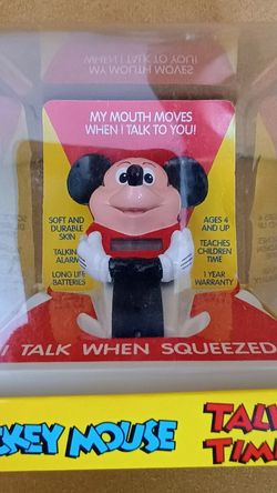 Vintage 1991 Mickey mouse talking time wrist watch original packaging just needs battery.  See our other great vintage art antiques jewelry Sports Fur