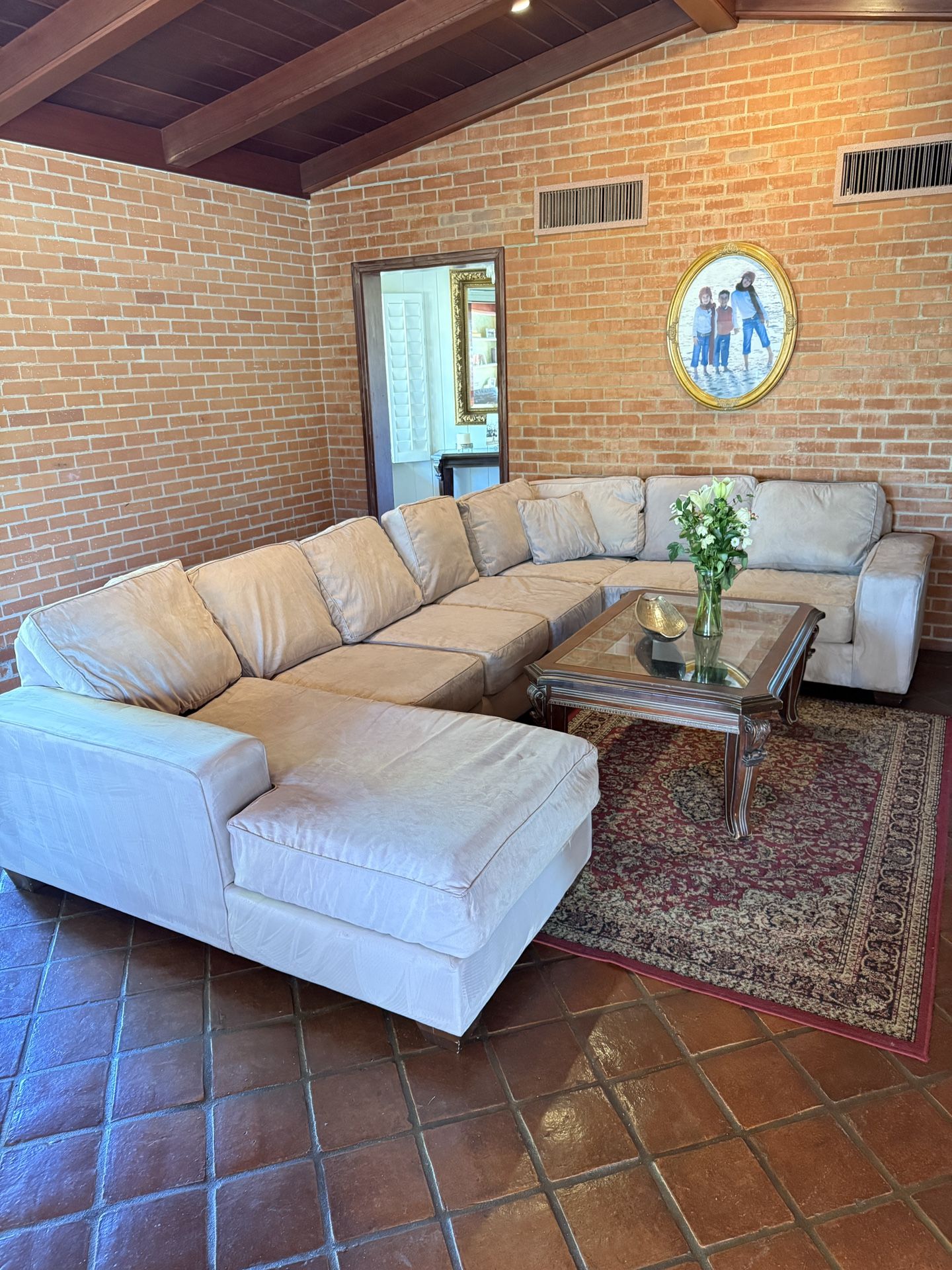 Large Suede Light Tan Sectional W/ Chaise