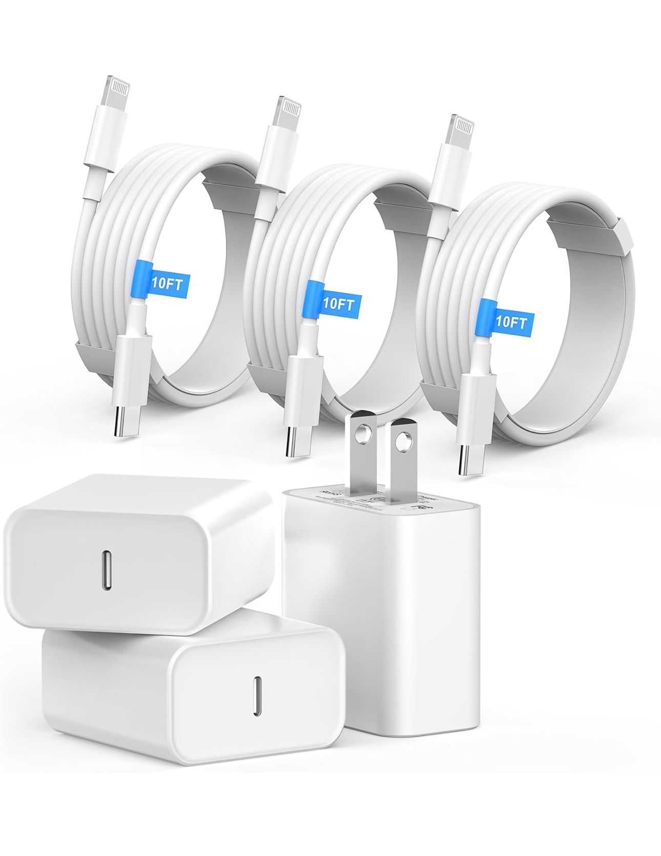 10FT iPhone Charger Fast Charging, 3 Pack 20W USB C Wall Charger Fast Charging Block with 10FT Long USB C to Lightning Cable Compatible for iPhone 14/