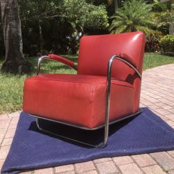 Art Deco Tubular Chrome Lounge Chair - Red REAL Leather - Machine Age Armchair 