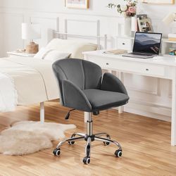 Cute Velvet Desk Chair for Home Office, Makeup Vanity Chair with Armrests for Bedroom Modern Swivel Rolling Chair for Women Dark Gray