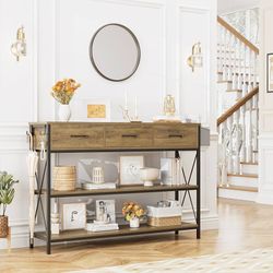47.2" Console Table with 3 Drawers, Industrial Long Entryway Foyer Table with 3-Tier Storage Shelves, Narrow Sofa Hallway Table for Living Room, Entry