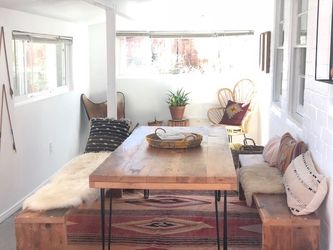 table + benches made of reclaimed wood dining/office table