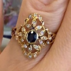 14K Gold Natural Sapphire And Diamonds Ring 