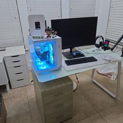 Modern Office Or Gaming Desk Made With White Tempered Glass Top, Metal Legs And  Wooden Drawers