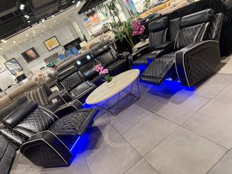 Black Faux Leather Recliner Sofa Set with LED Lighting