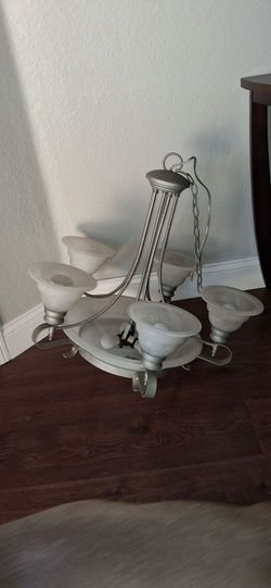 Trinity 5-Light Chandelier  (brushed nickel finish & frosted glass shades)