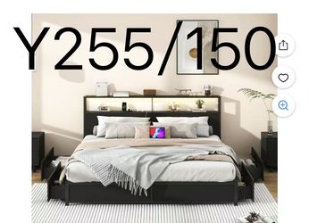 Y255🔥King Size Bed Frame with LED Light Headboard & Outlets, Metal Platform Bed with 4 Storage Drawers, 2 Tier Headboard$150