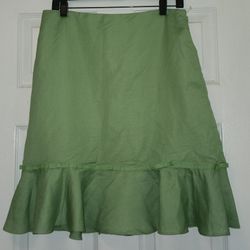 New Larry Levin Green Linen Skirt With Ruffle And Bows, Size 10