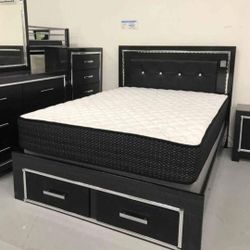 Kaydell King Panel Bed With Storage With Mirrored  Dresser Chest And Nightstand