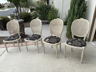 Set of 4 Unique French-Style Carved Cane-Back Chairs – Distressed Ivory Finish