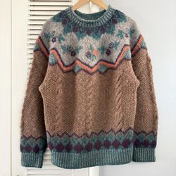 Vintage Preswick & Moore Shetland Wool Fair Isle Floral Brown Green Sweater Womens