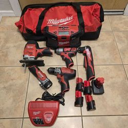 ( Bundle ) Milwaukee Tools / Drill / Impact / Angle Drill / Jig Saw / Radio / Batteries / Charger / Carrying Bag