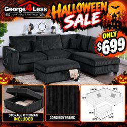 Black Corduroy Sectional Sofa with Storage Ottoman