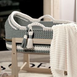 Hand Crocheted Hooded Baby Moses Basket with Custom Mattress and Wood Base