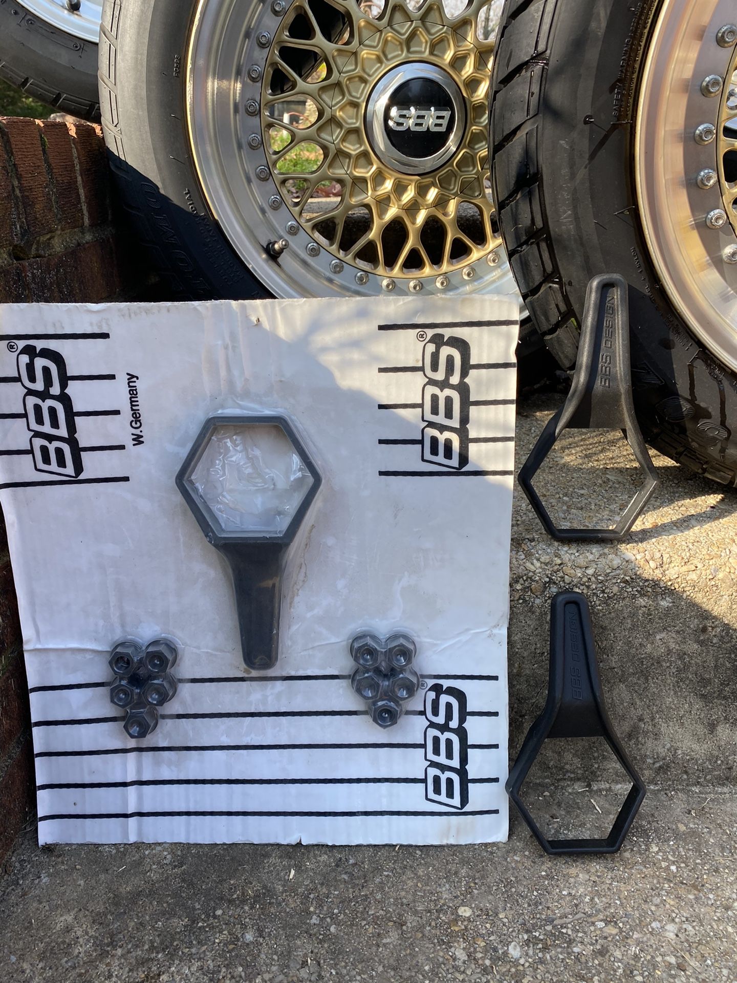 BBS rims and tires with complete set knock out handle and lug nuts with two extra handles.