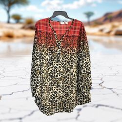 Cato Multicolor Leopard & Plaid Print Adjustable Sleeve Blouse Women 14/16W