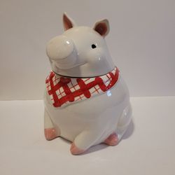 Pier 1 Imports Ceramic Pig Cookie Jar White with Red Bandana 