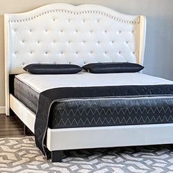 White King Size Diamond Leather Platform Bed Frame With New Mattress/Fast Delivery