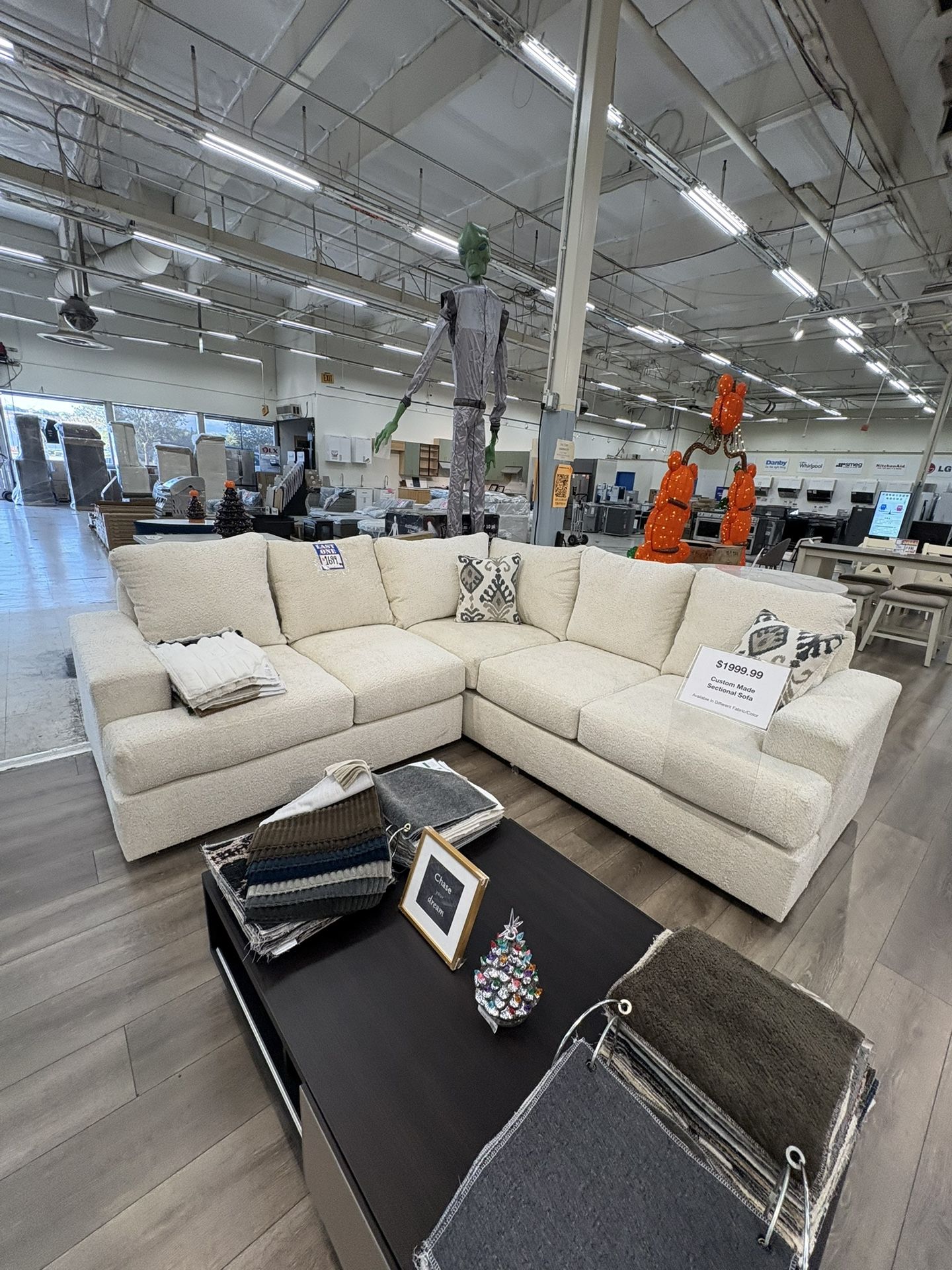 White Fabric 2pc Sectional With Accent Pillows 