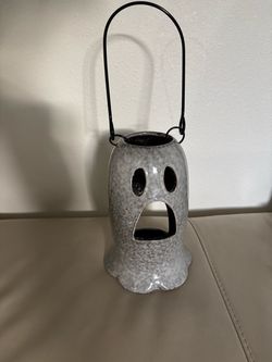 Halloween Ceramic Ghost Lantern Spooky Tea Light Candle Holder Gray