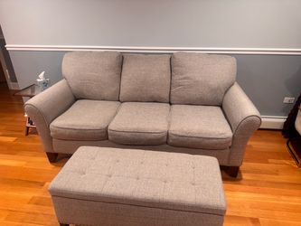 3-Seat Beige/Gray Sofa + Storage Ottoman – Excellent Condition