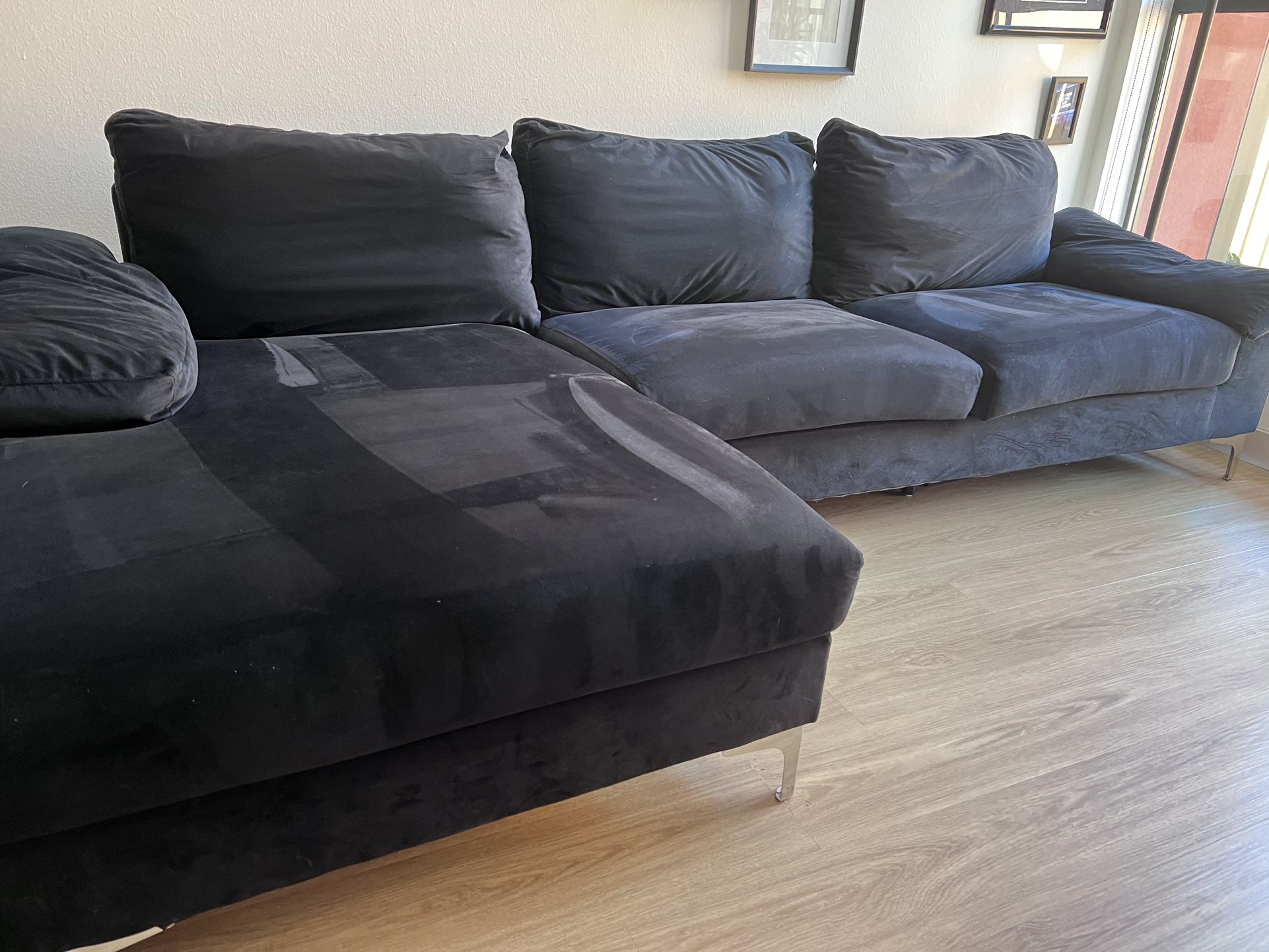 Black Velvet L-Shaped Couch - 8.5 ft Long