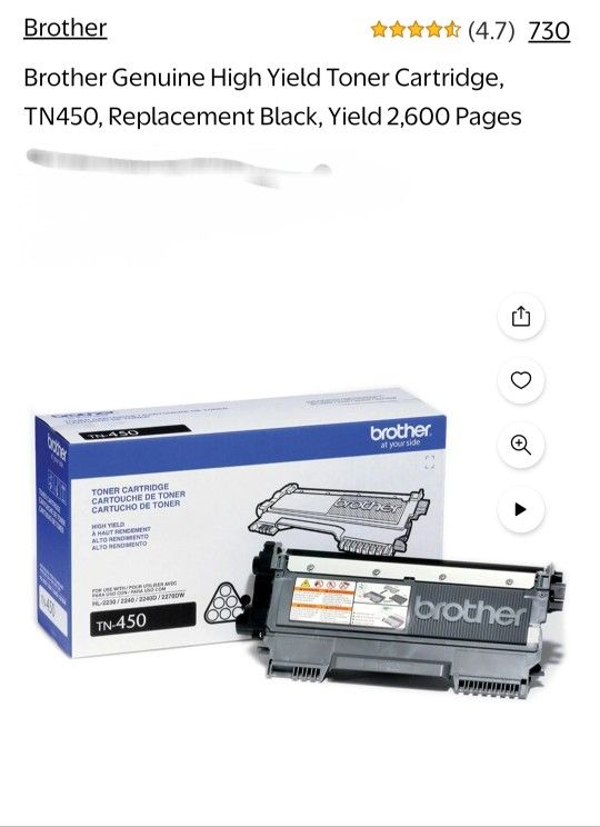 Brother Genuine High Yield Toner Cartridge,
TN450, Replacement Black Yield 2,600 Pages