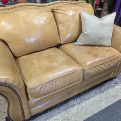 Camel Colored Leather Loveseat With Studded Detail