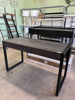 Writing Desk With Two Drawers w/ Power Outlet and USB Ports - Washed Black