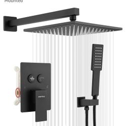 Shower Faucets Sets Complete Matte Black Shower System with 10 inches Rainfall Shower Head, Push-Button Shower Faucet Fixture Combo Set Wall Mounted