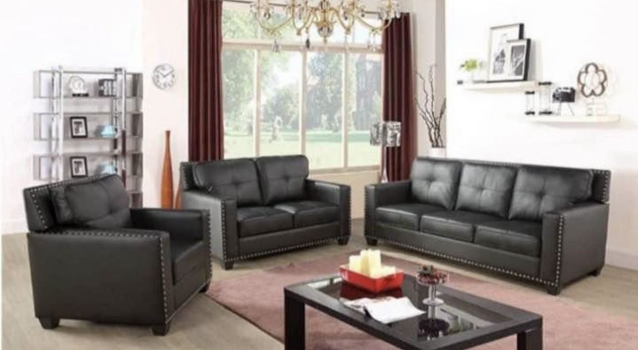 New Black Leather Three Piece Couch Set