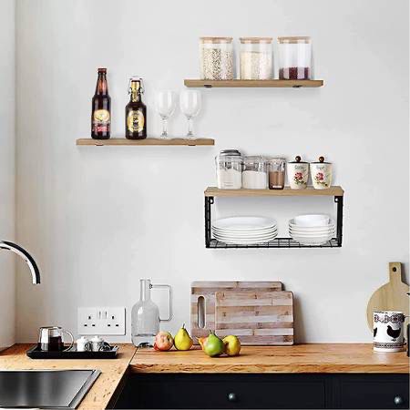 Floating Shelves Wall Mounted, Bathroom Shelf Organizer Over Toilet with Paper Storage Basket, Rustic Farmhouse Wall Shelves Brackets for Wall Decor, 