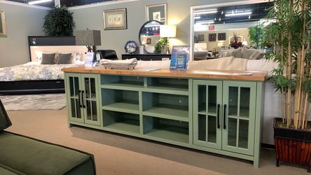 Green TV Console with Glass Cabinet Doors